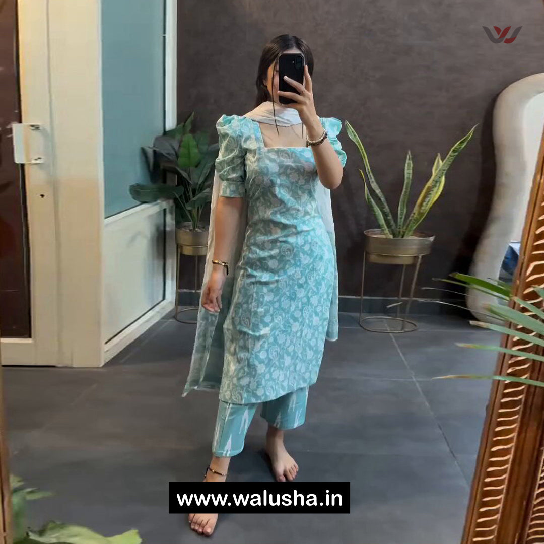 Bottle Green Printed Cotton Bliss Kurti Set
