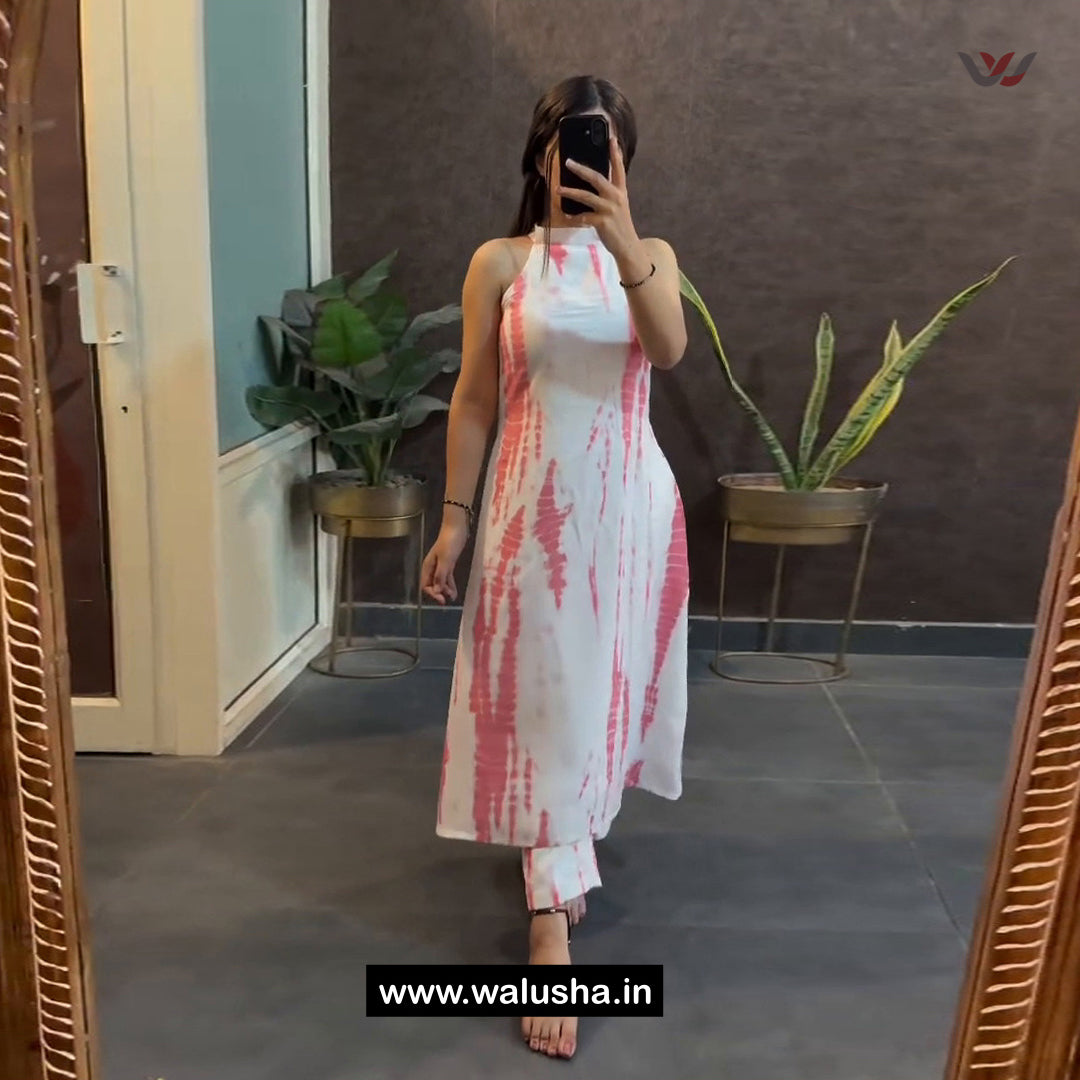 White And Pink Sleeveless Tie Dye Halter Kurta Set