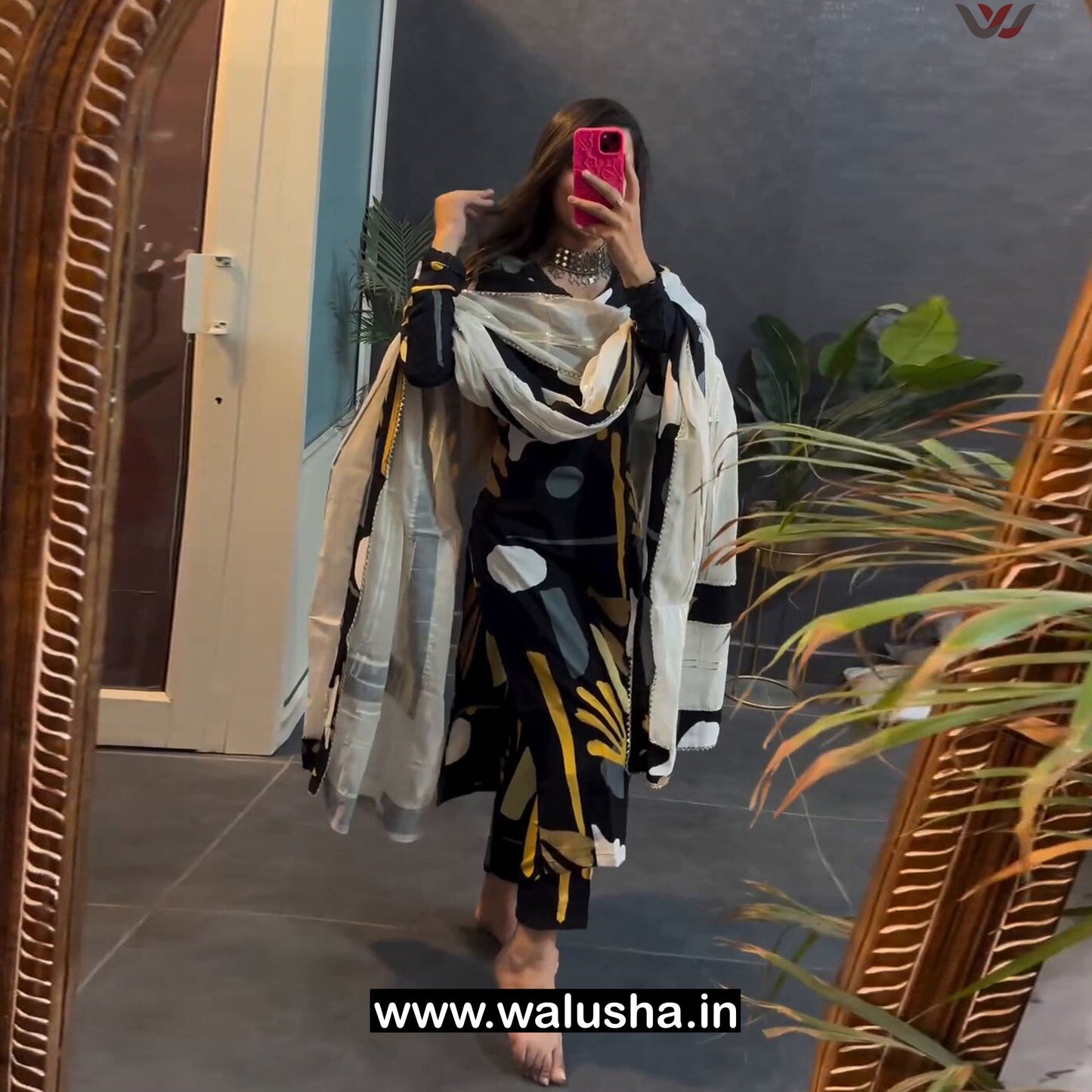 Walusha Ebony Black Printed Trivia Kurti Set