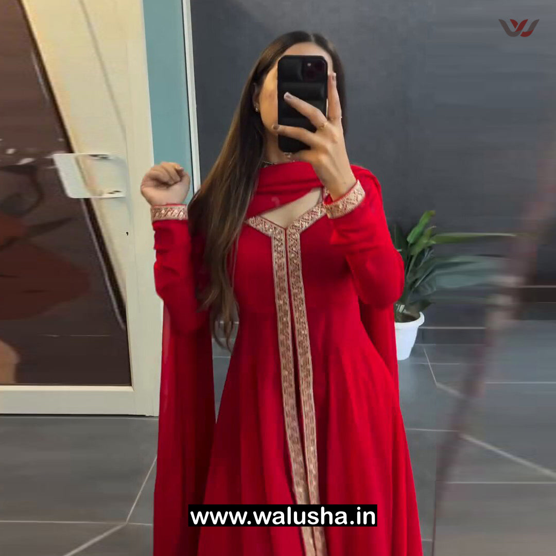 Walusha Red Lace Border Designer Kurti Set