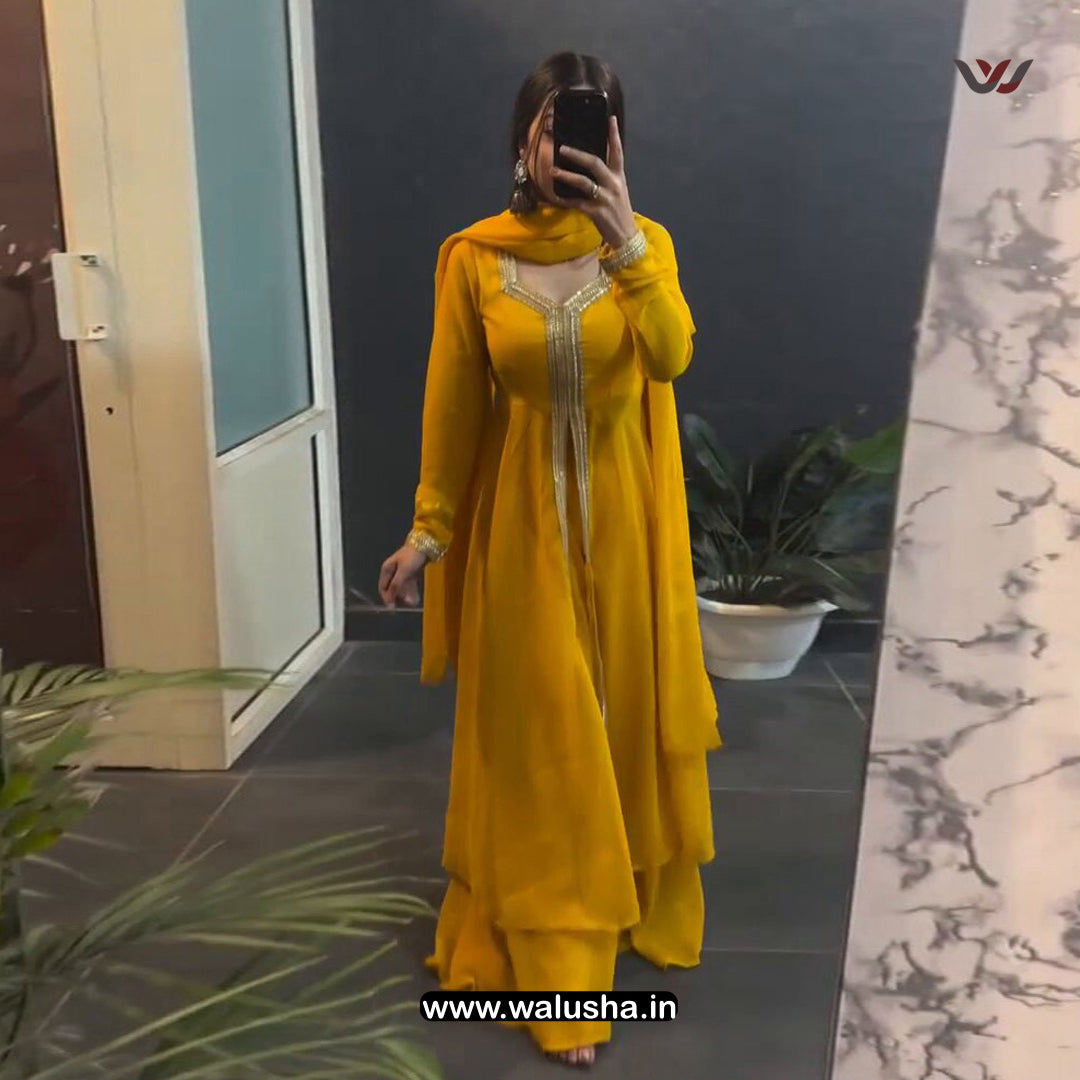 Yellow Lace Border Designer Kurti Set
