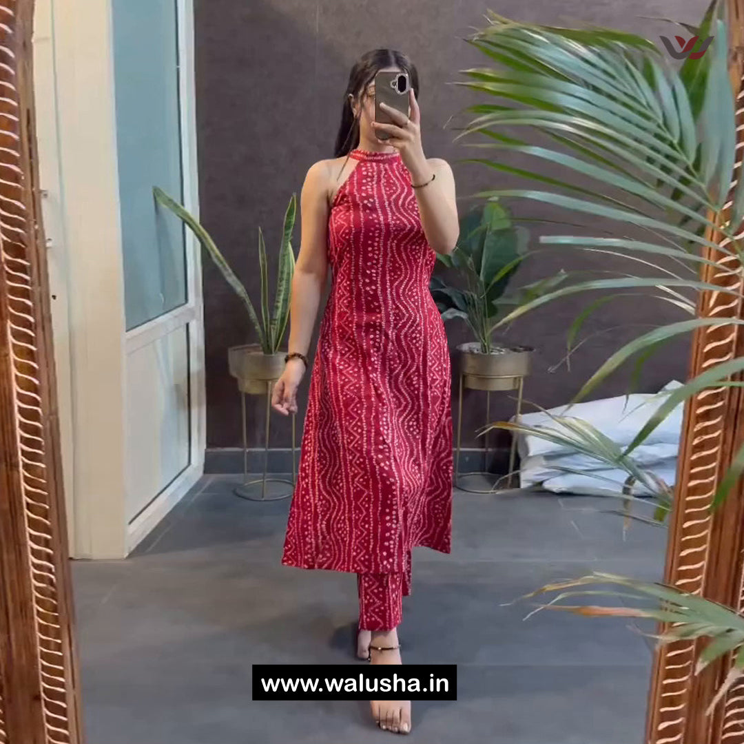 Red Sleeveless Bandhani Print Kurta Set