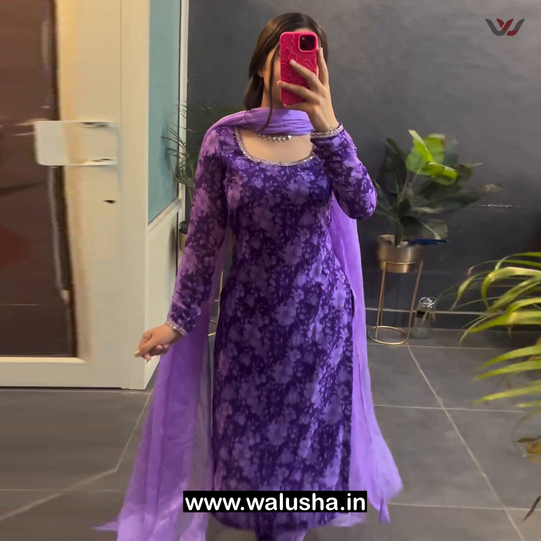 Lavender Floral Printed Georgette Blossom Kurti Set