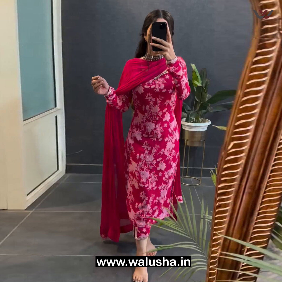 Special Pink Printed Georgette Blossom Kurti Set