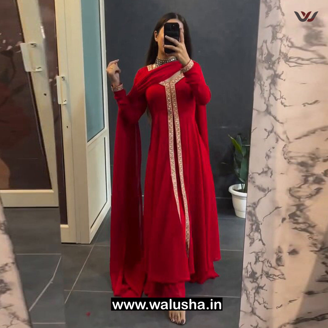 Walusha Red Lace Border Designer Kurti Set