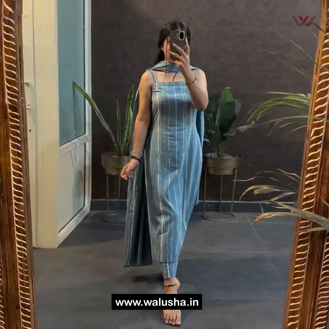 Blue Striped Sleeveless Cotton Kurta Set with Dupatta