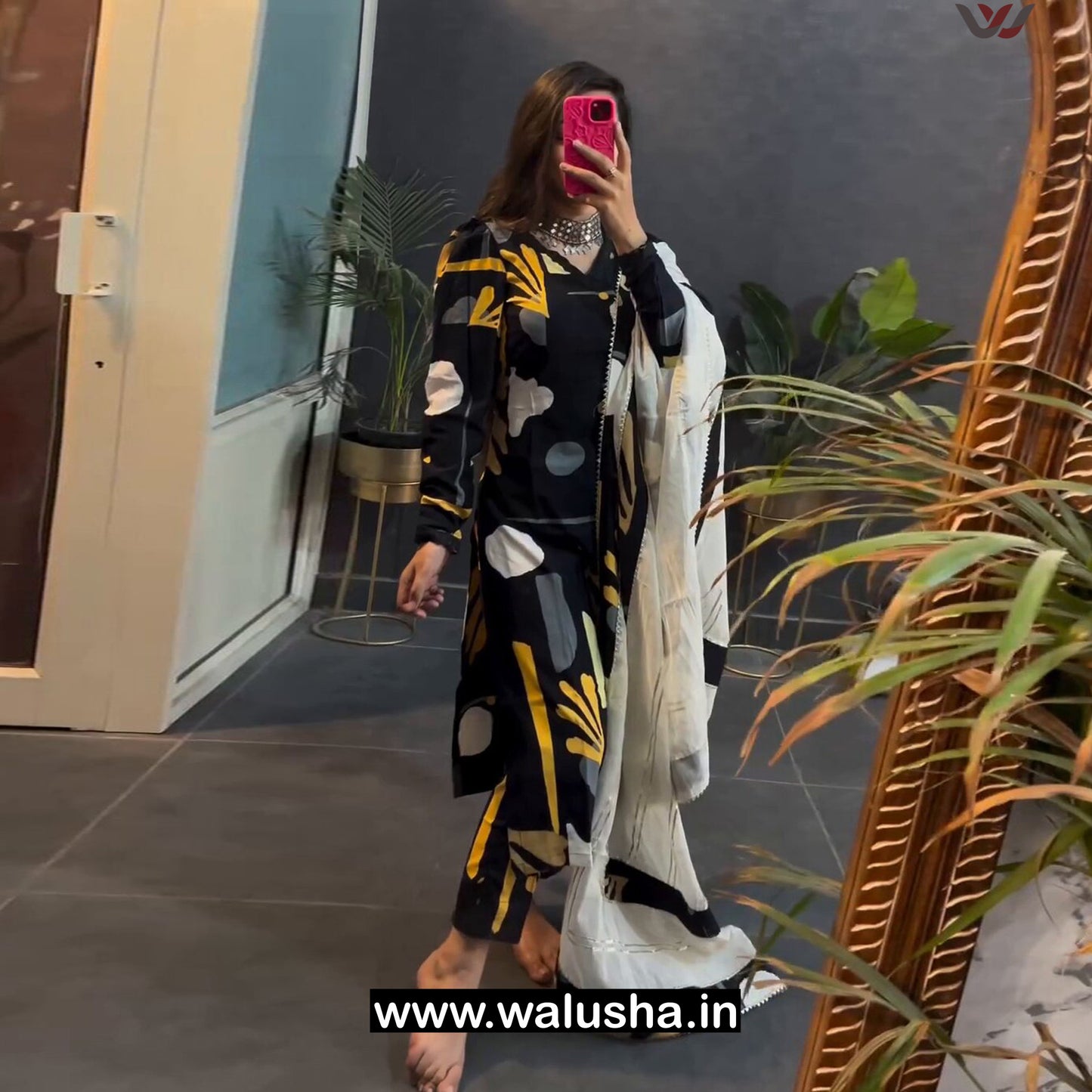 Walusha Ebony Black Printed Trivia Kurti Set