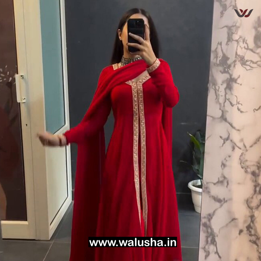 Walusha Red Lace Border Designer Kurti Set