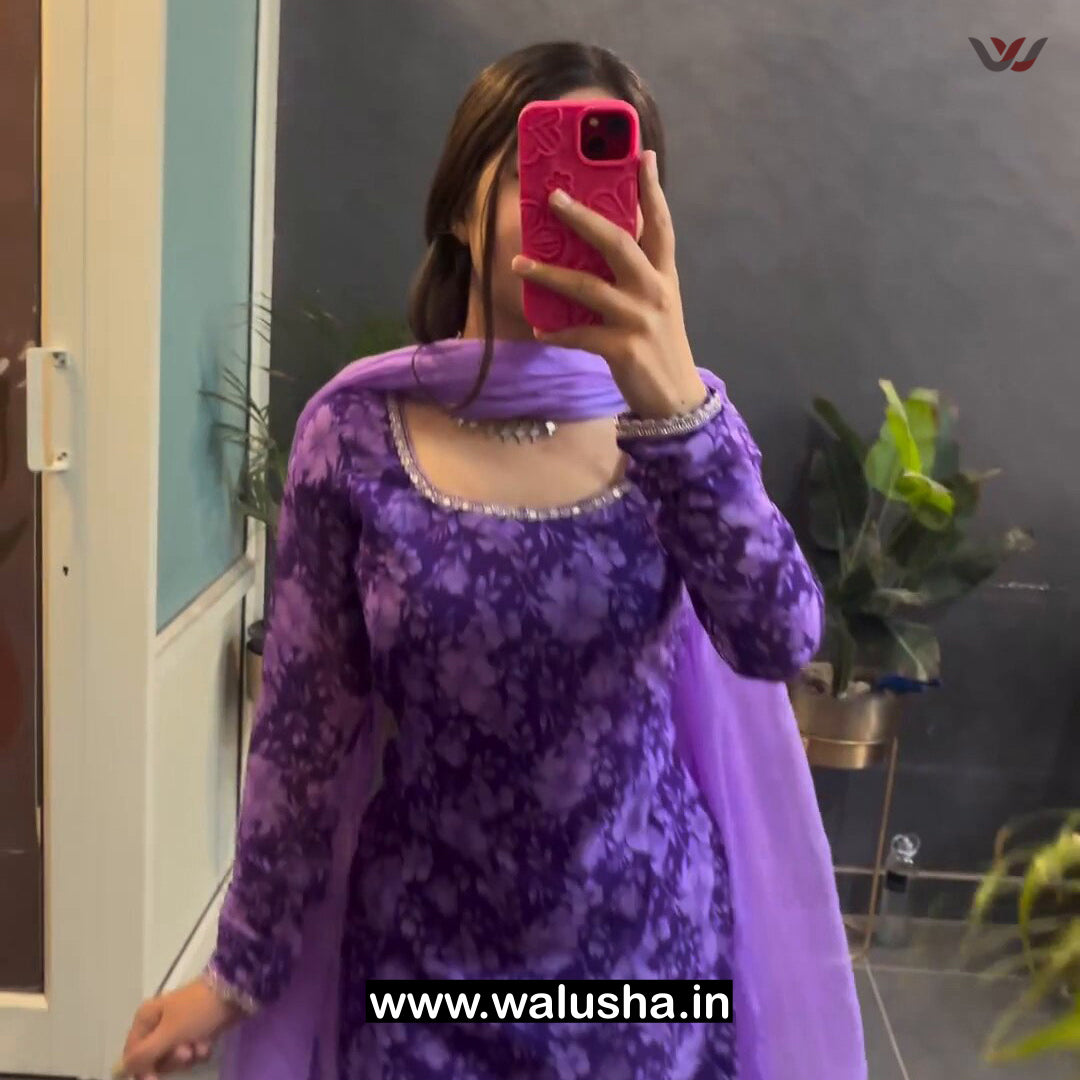 Lavender Floral Printed Georgette Blossom Kurti Set