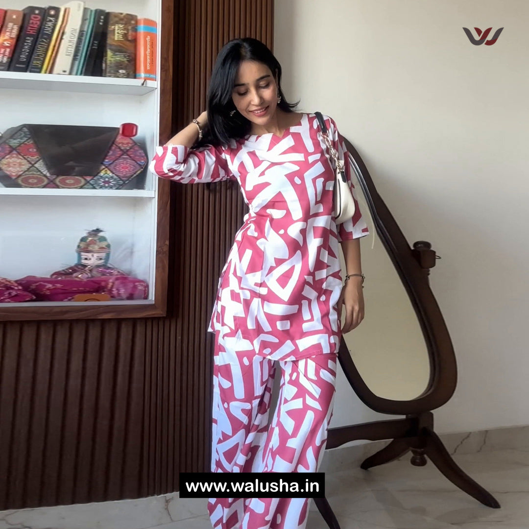 Pink And White Modern Abstract Printed Co-ord Set