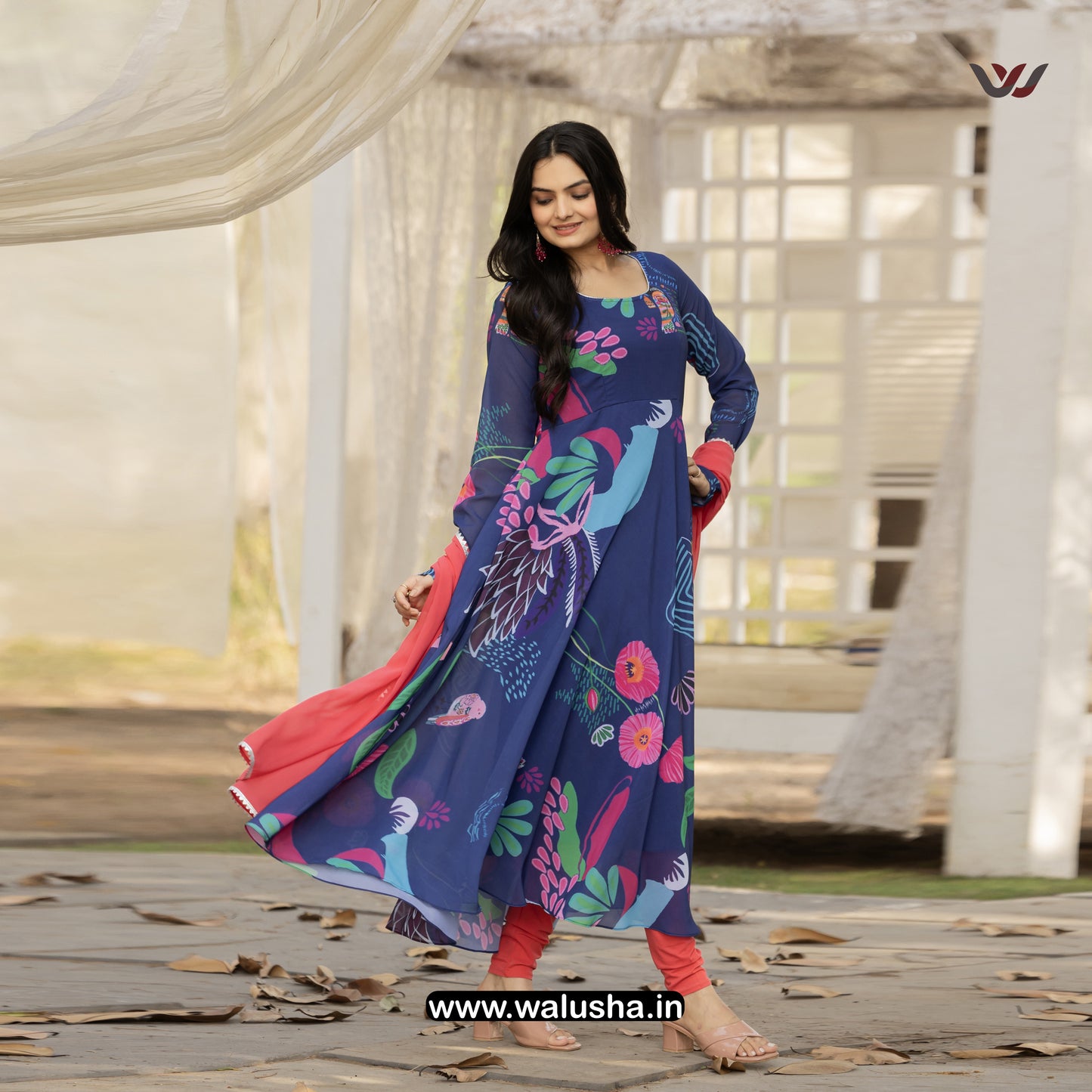 Walusha Royal Biba Printed Designer Georgette Kurti Dupatta Set