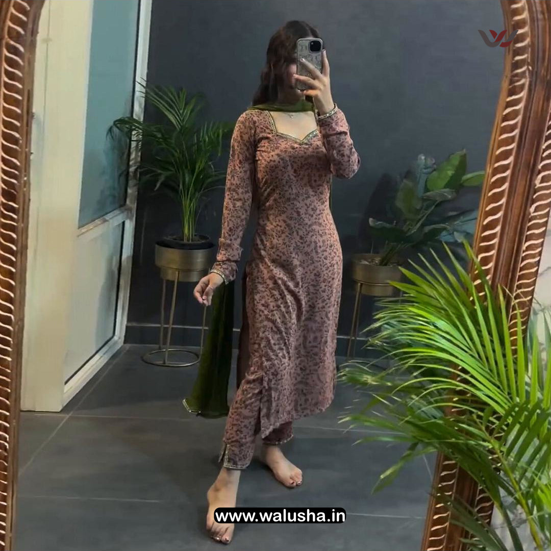 Butterscotch All Over Printed Georgette Kurti Set