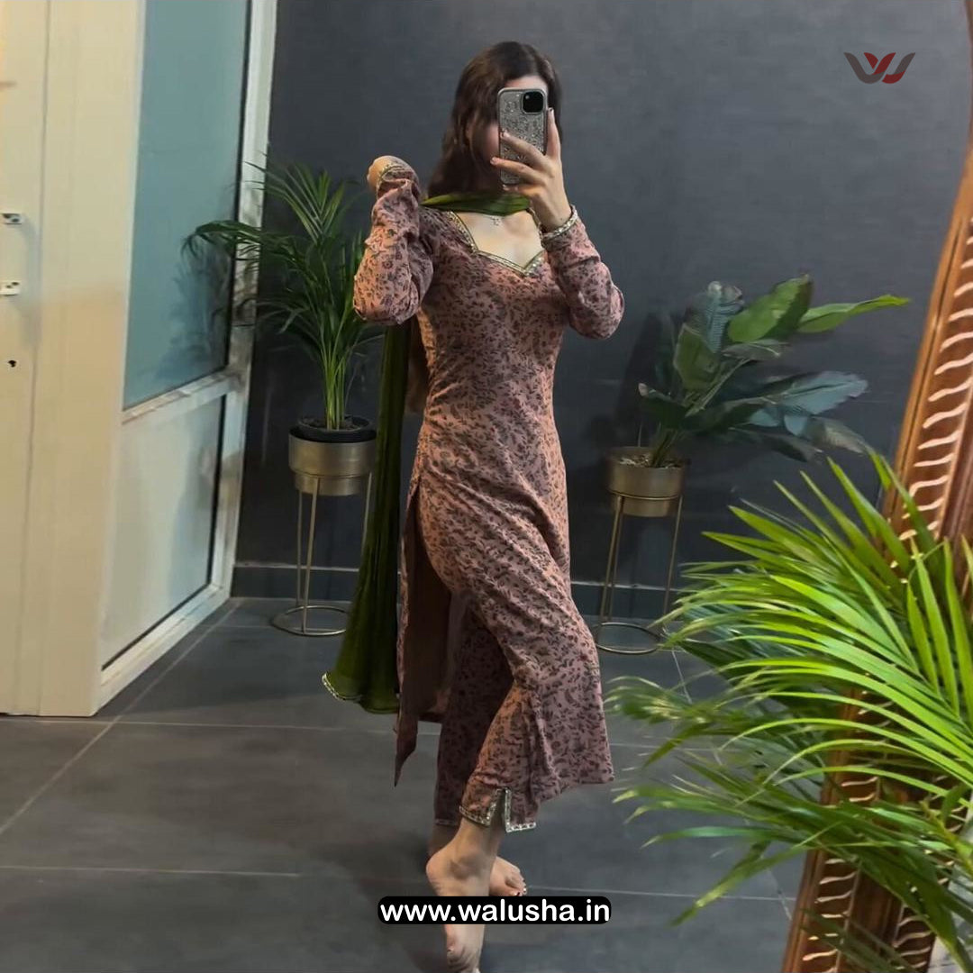 Butterscotch All Over Printed Georgette Kurti Set