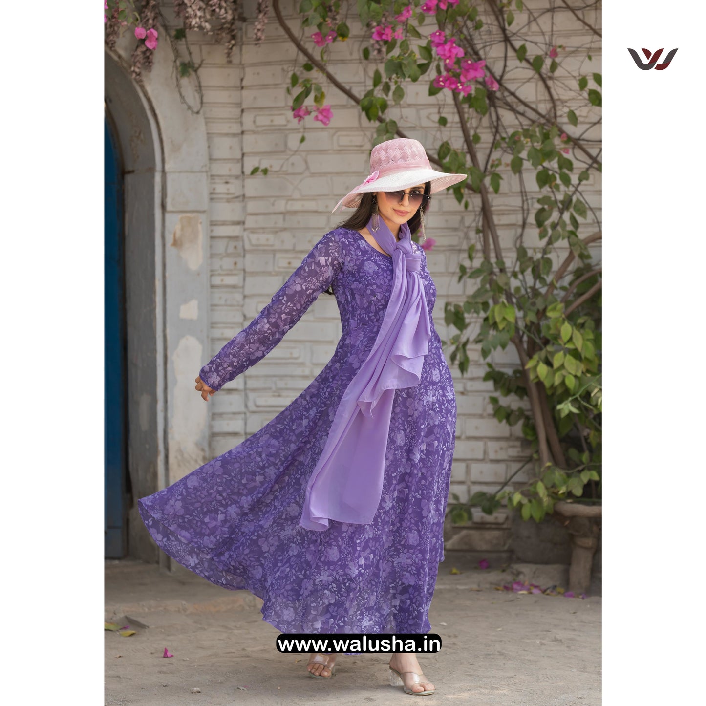 Walusha Lavender Printed Designer Georgette Kurti