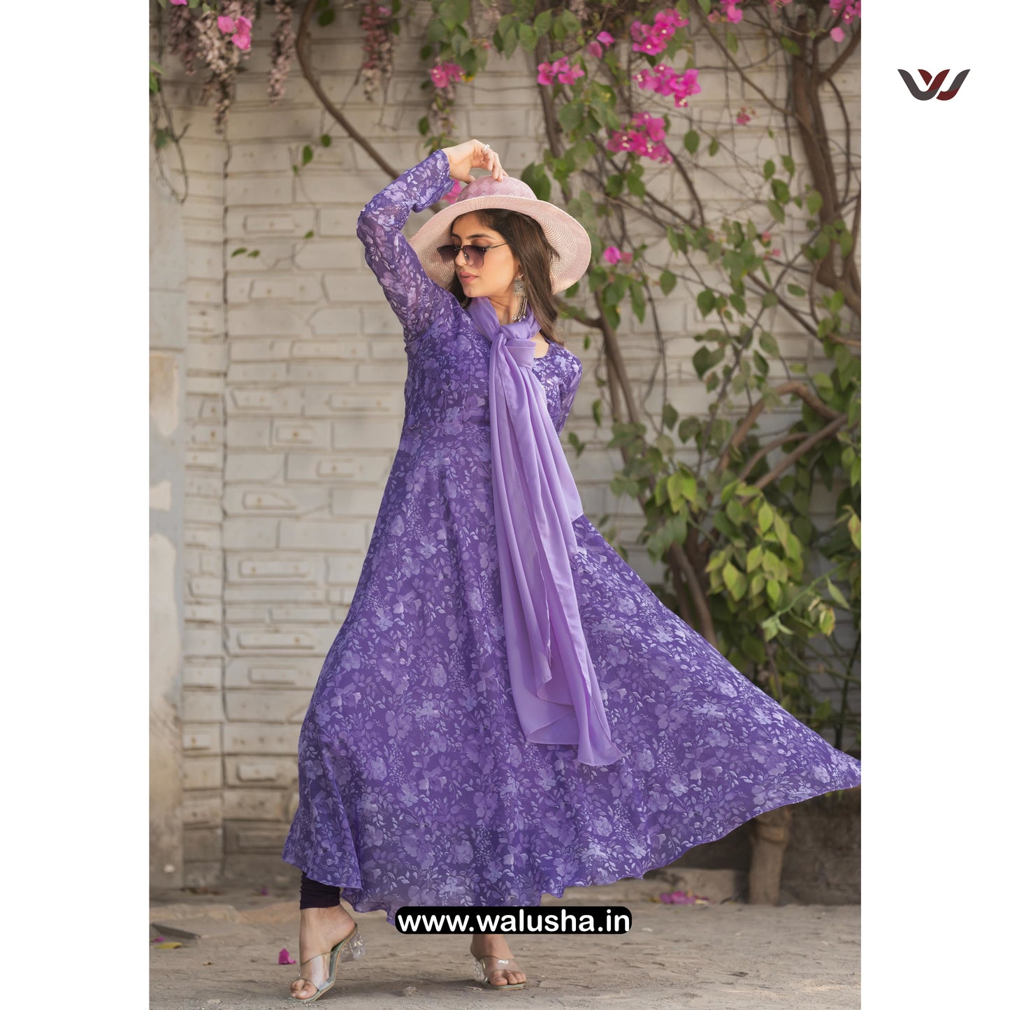 Walusha Lavender Printed Designer Georgette Kurti