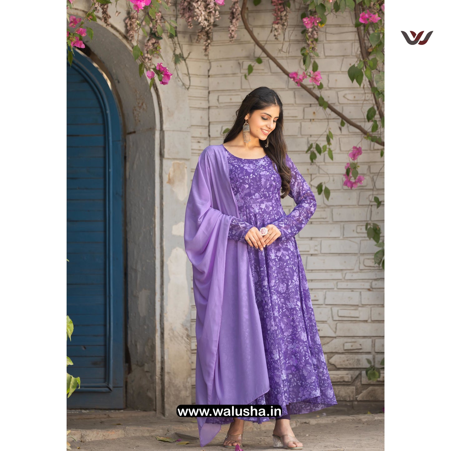Walusha Lavender Printed Designer Georgette Kurti