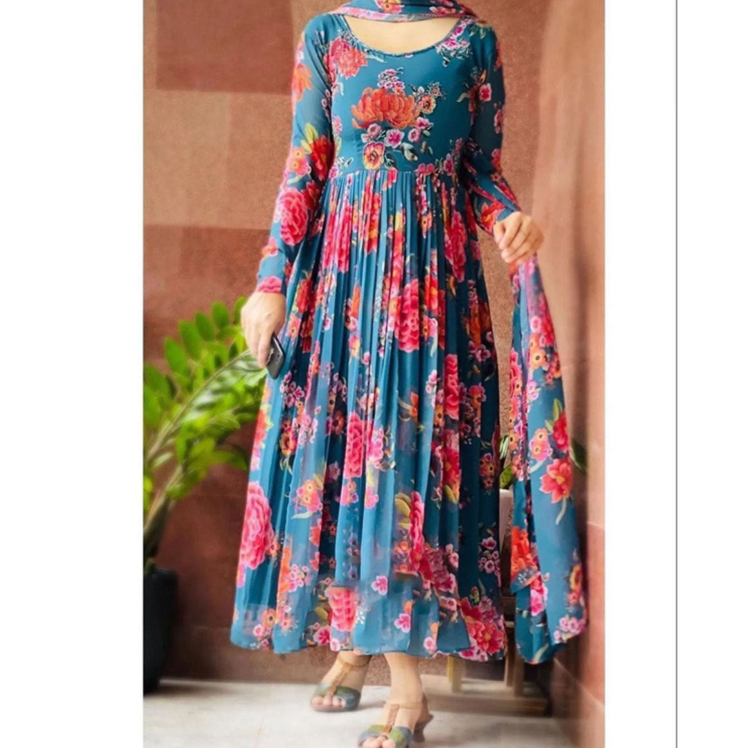 Blue Floral Printed Kurtis With Dupatta