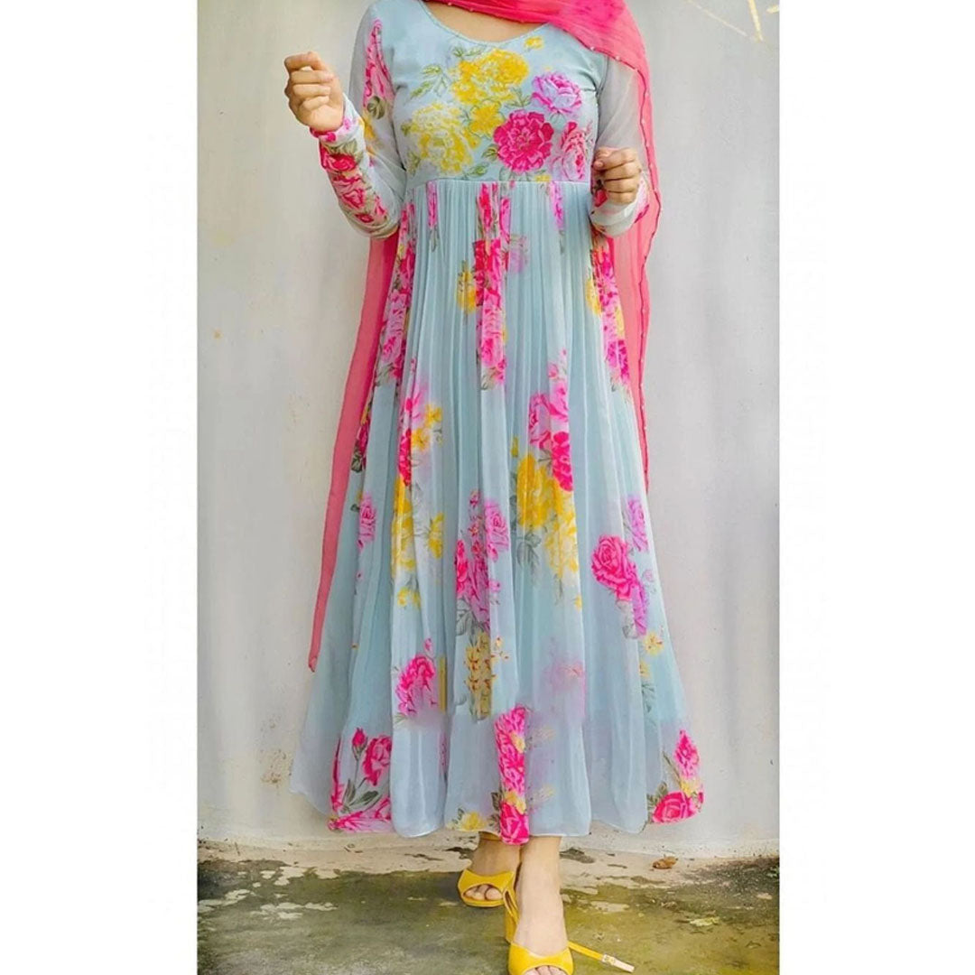 Sly Blue And Pink Floral Printed Kurtis With Dupatta