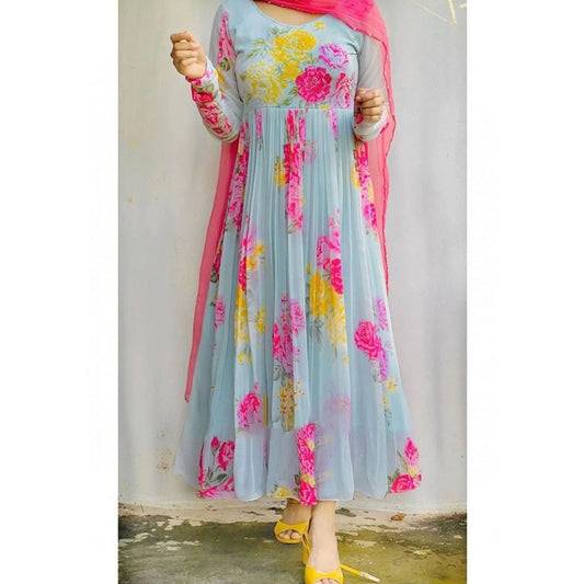 Sly Blue And Pink Floral Printed Kurtis With Dupatta