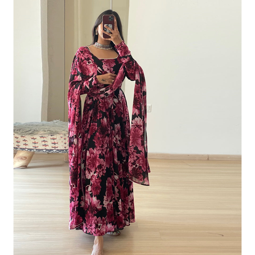 Magenta Floral Long Designer Kurtis