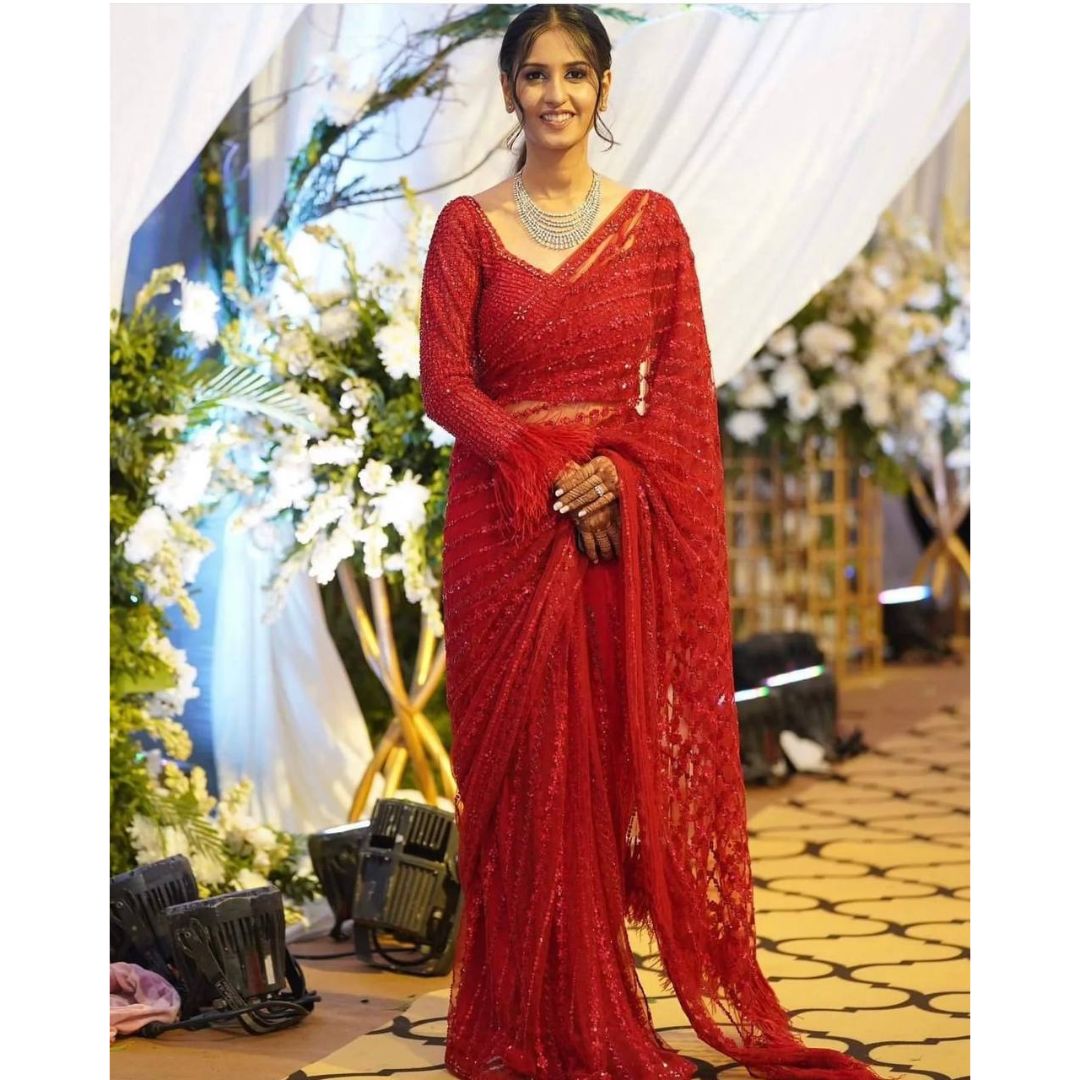 Rose Red Fancy Work Designer saree