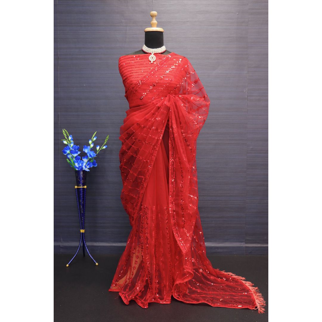 Rose Red Fancy Work Designer saree