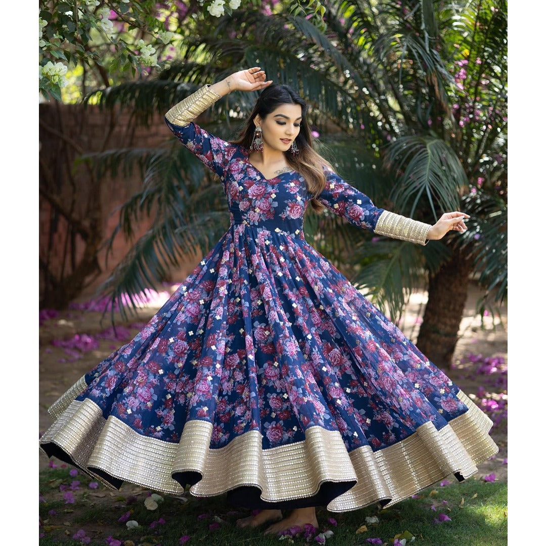 Navy Blue Floral Printed Gown
