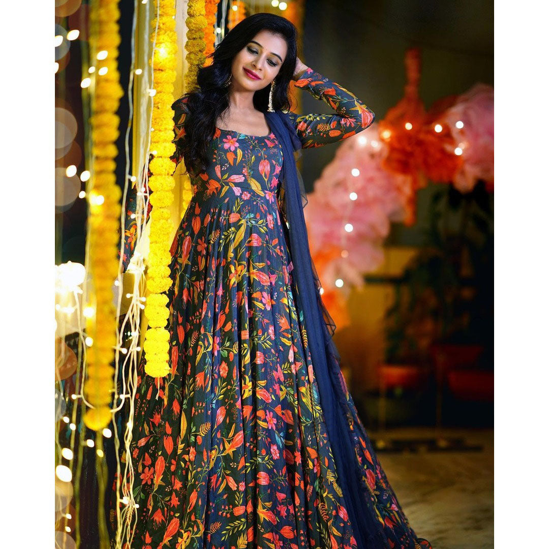 Navy Blue All Over Printed Kurtis With Plain Dupatta