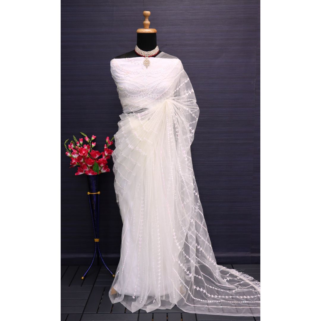 White Fancy Thread Work Designer Saree