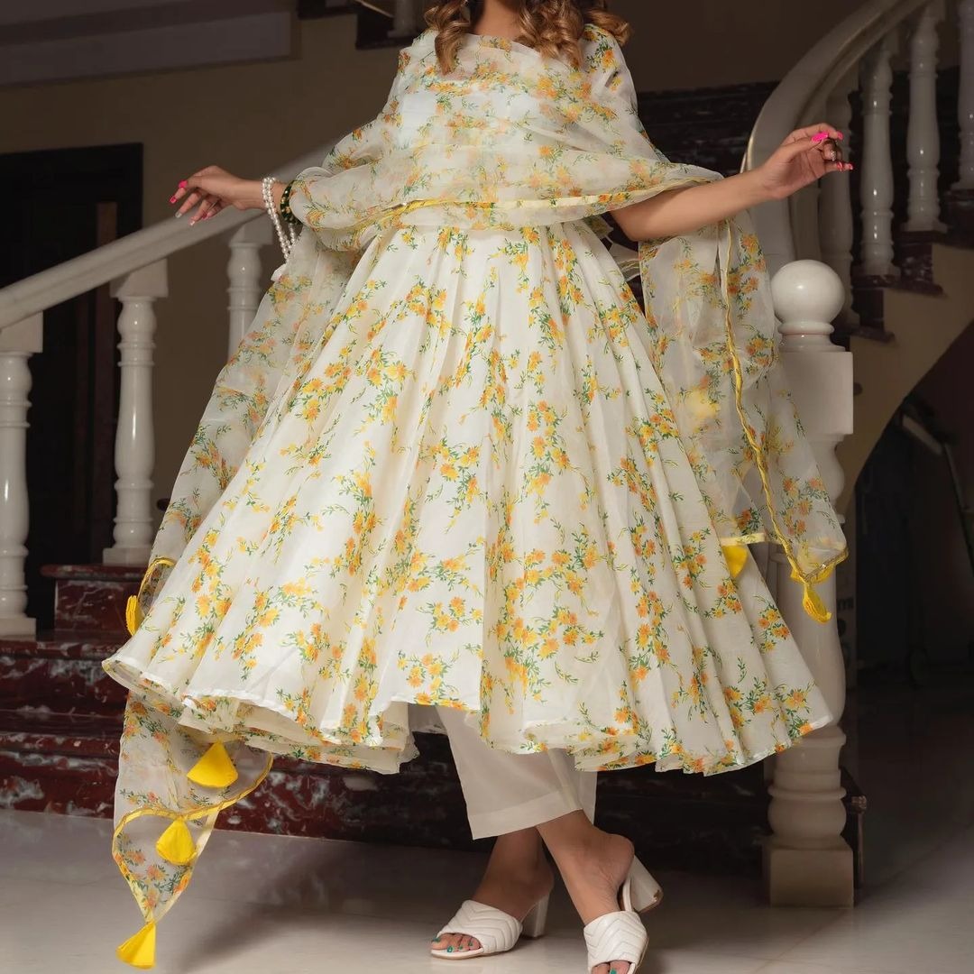 White Floral Printed Long Kurtis
