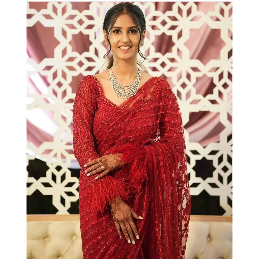 Rose Red Fancy Work Designer saree