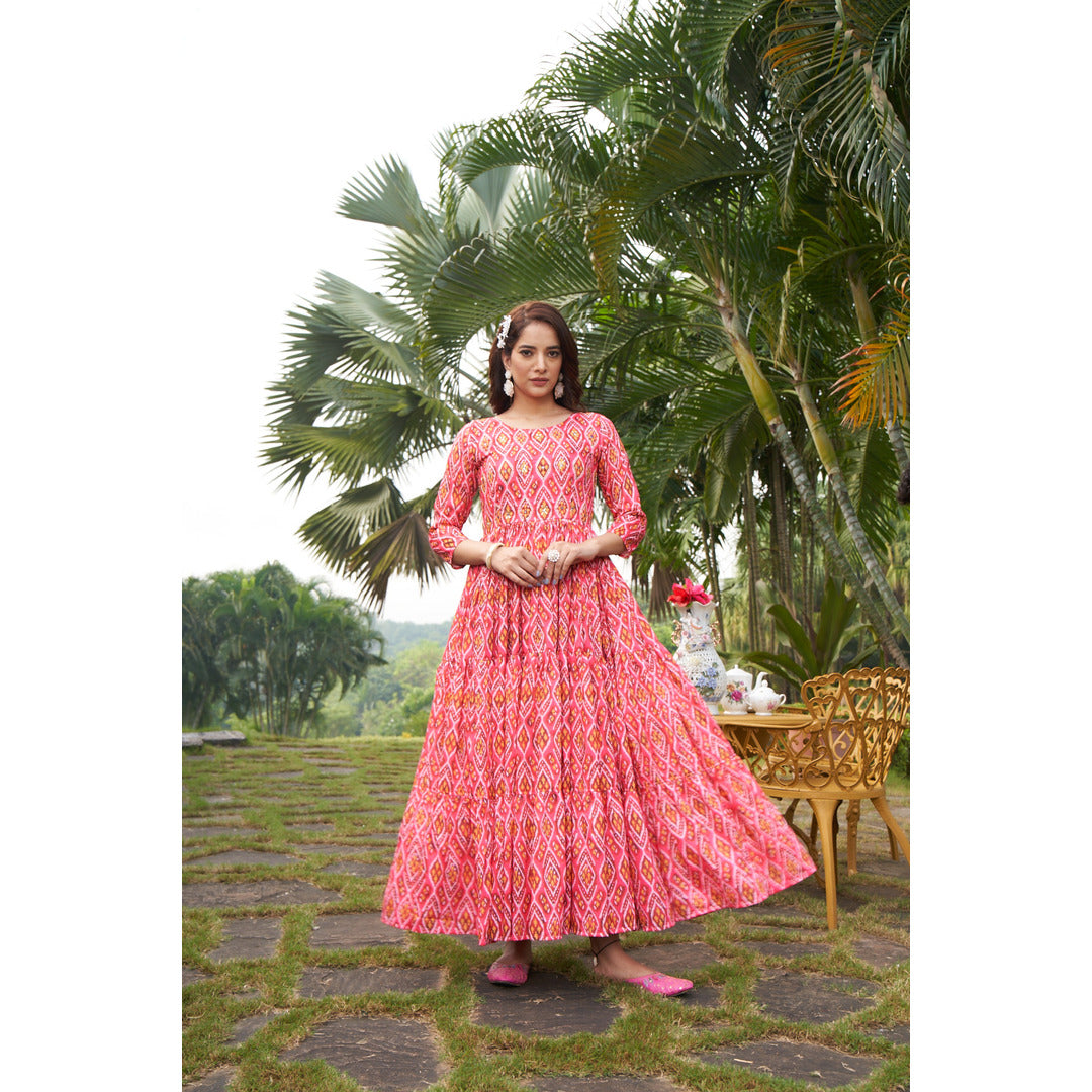 Punch Pink Long Designer Kurtis With Hand Work