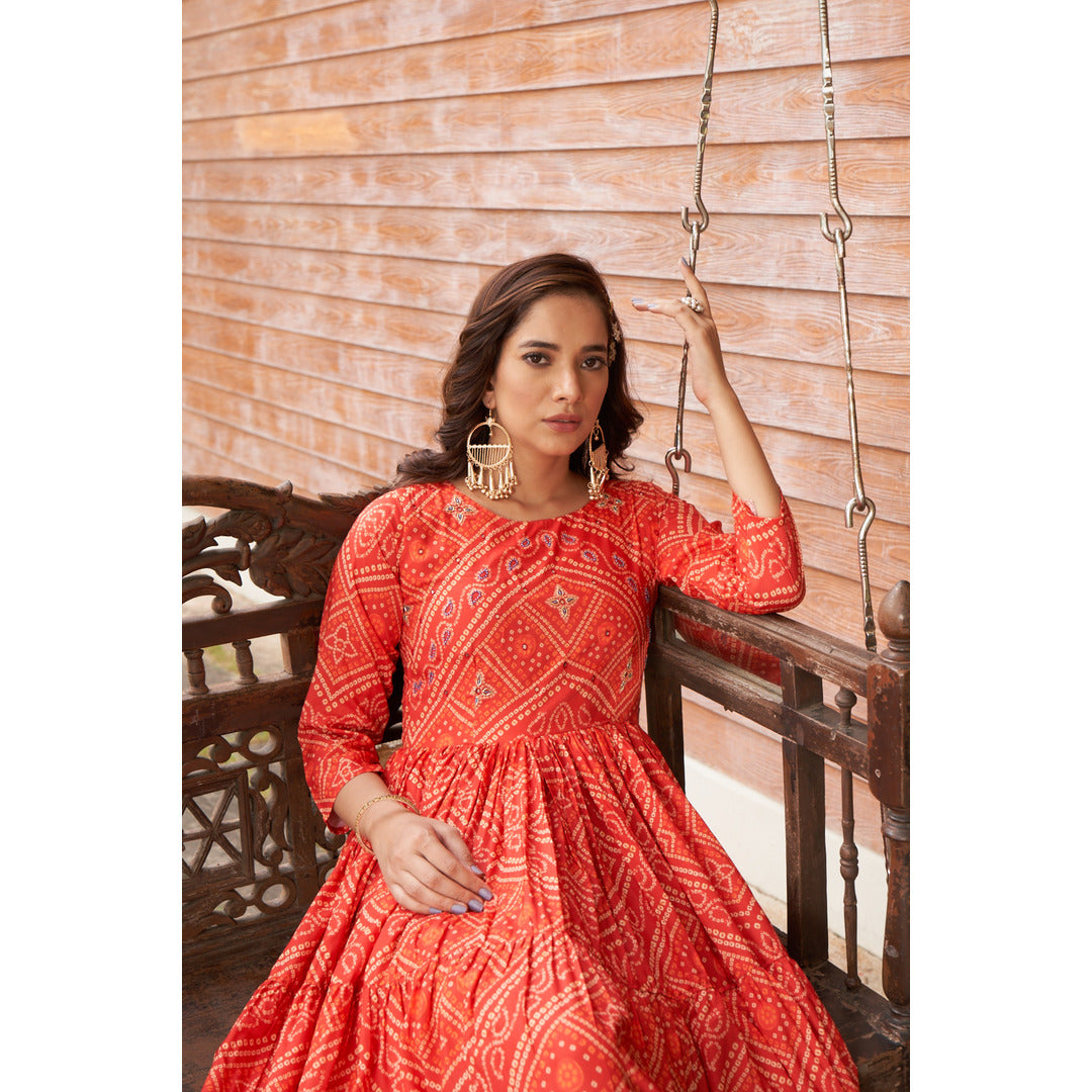 Rose Red Long Designer Kurtis With Handwork