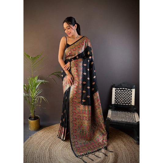 Onyx Black Pure Kashmiri Pattern Pallu Woven Silk Saree