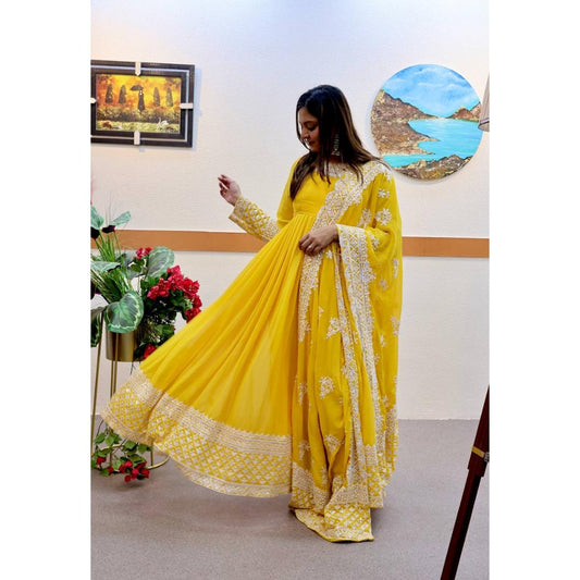 Yellow Embroidery Designer Anarkali Set