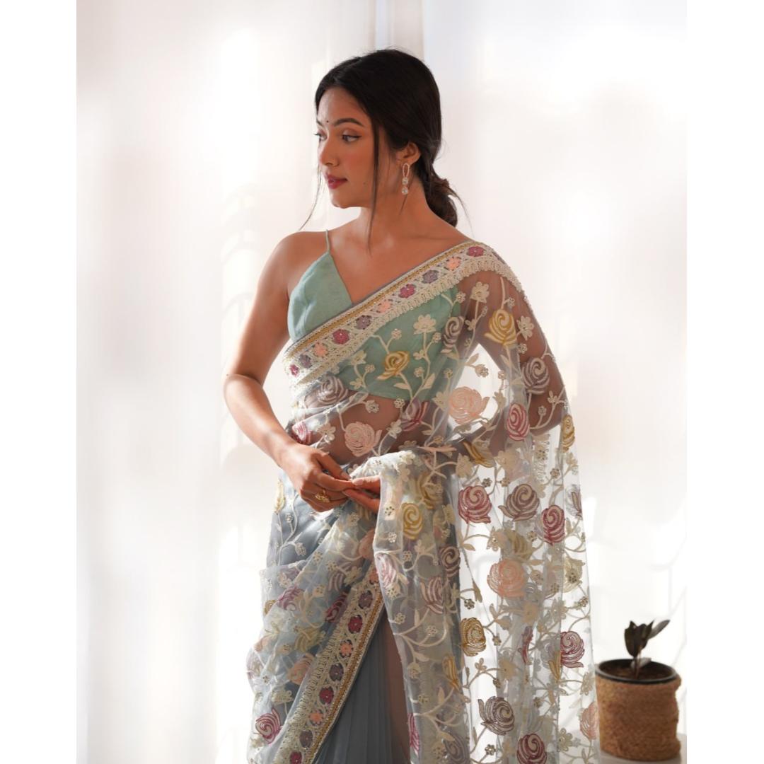 Sky Blue Aari Embroidery And Stone Work Heavy Butterfly Net Fabric Designer Saree