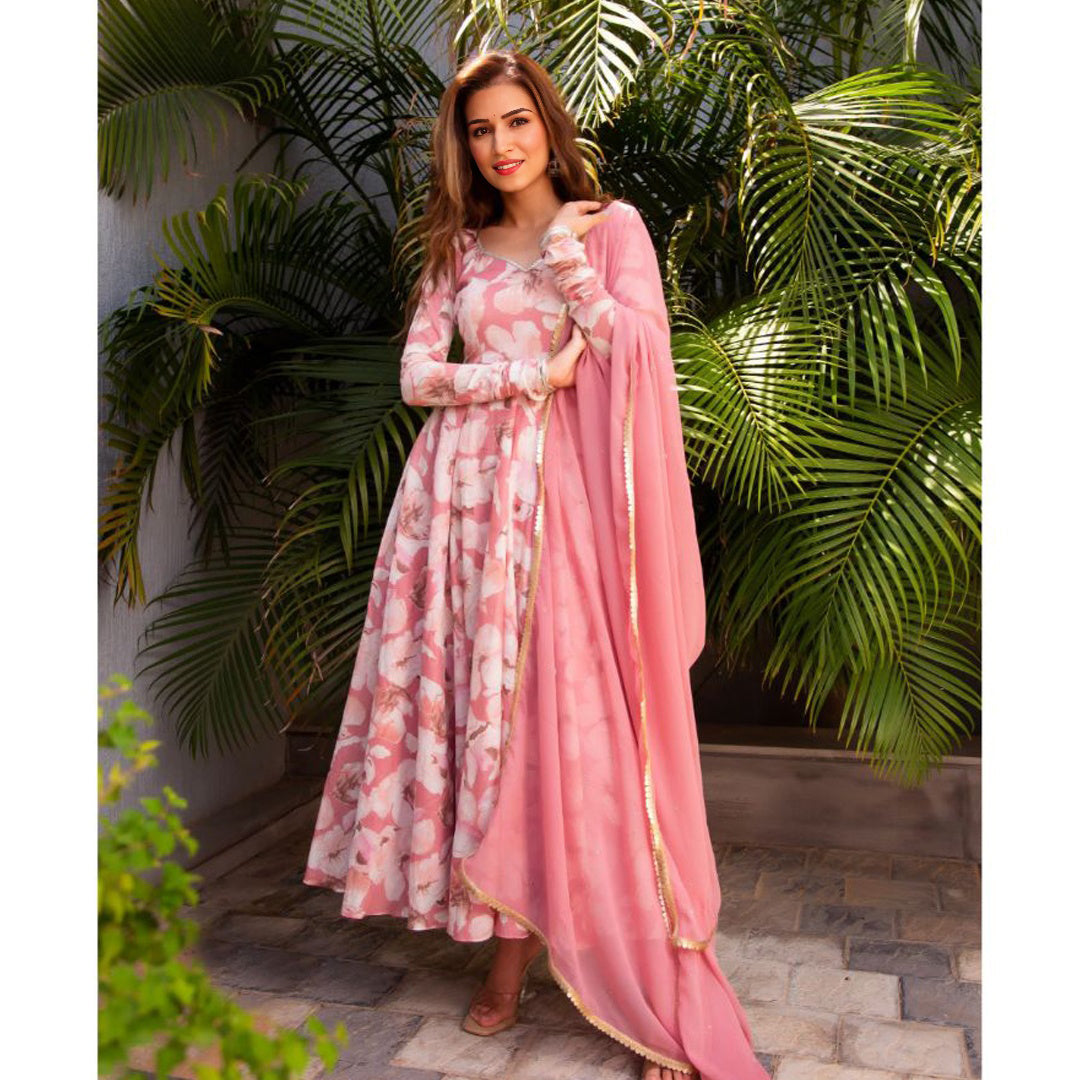 Carnation Pink And White All Over Printed Georgette Kurtis