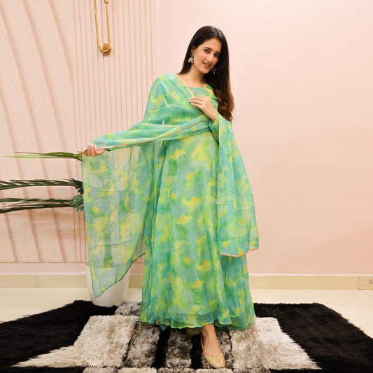 Kelly Green Multi Color Printed Designer Organza Kurtis