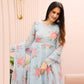 Baby Blue And Pink Designer Organza Printed Kurti With Dupatta