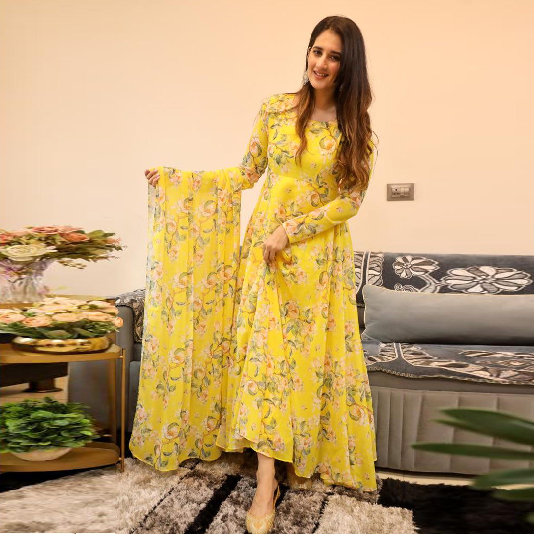 Sunglow Yellow Printed Designer Georgette Kurti With Dupatta