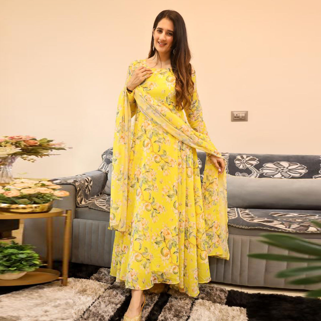 Sunglow Yellow Printed Designer Georgette Kurti With Dupatta