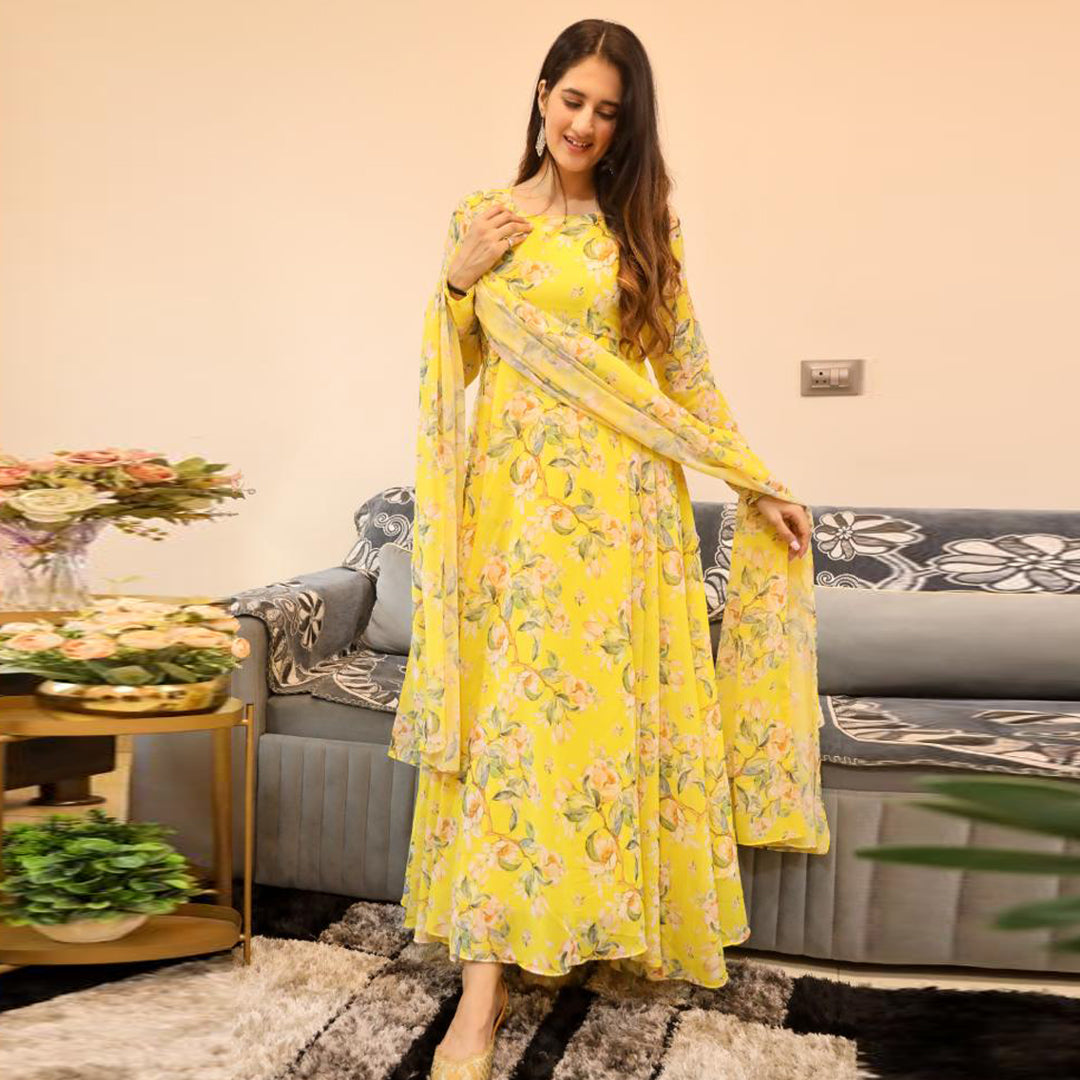 Sunglow Yellow Printed Designer Georgette Kurti With Dupatta