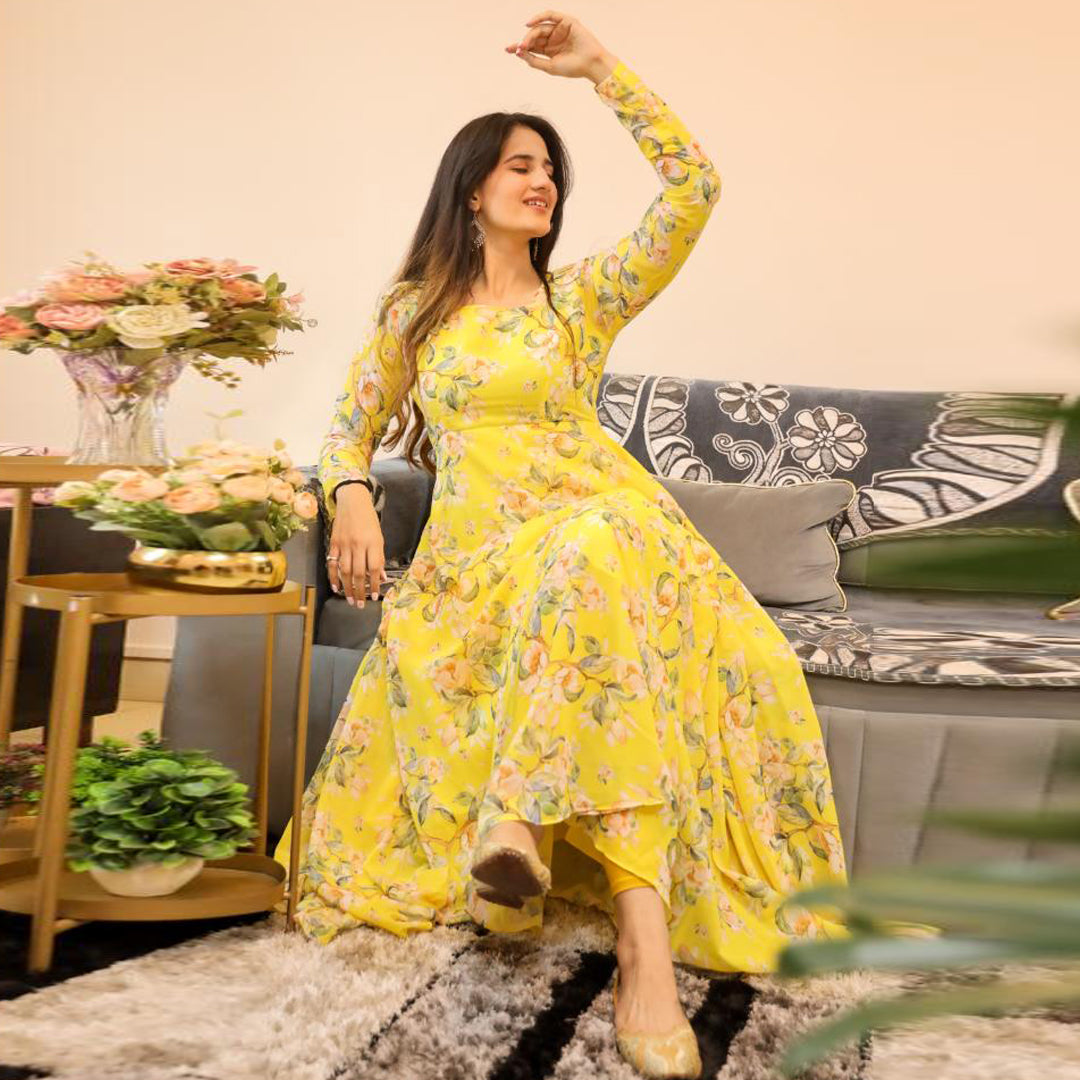 Buy Stylish Amazing Golden Yellow Designer Party Wear Long Rayon Kurti with  Separate Jacket and Add on Hand Work | Fashion Clothing