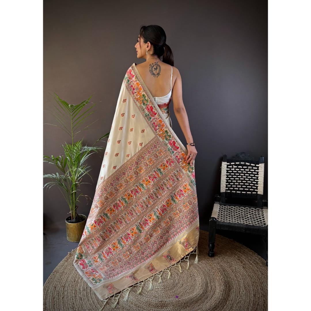 Cream Pure Kashmiri Elephant Pattern Pallu Woven Silk Saree