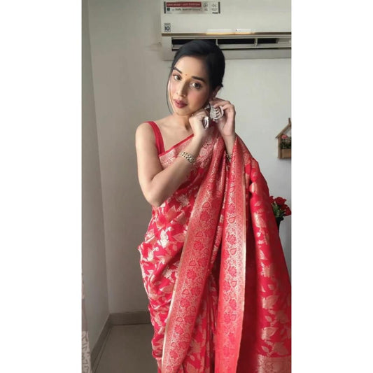 Red Jacquard Designer Silk One Min Ready To Wear Saree