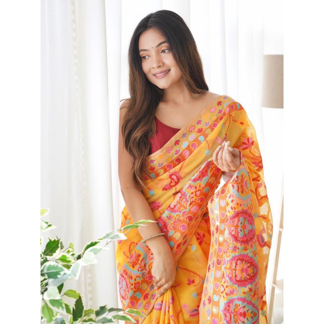 KASHMIRI WEAVING YELLOW COLOR THRADE WEAVING PURE ZARI WEAVING SAREE