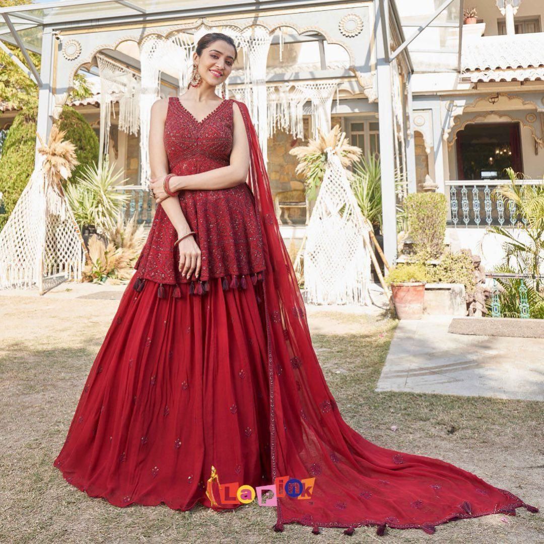 Red Beautiful Designer Pakistani Nikaah Frill lehenga with kurti and  Embellishment -