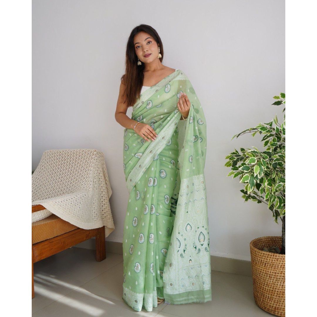 NEW LIGHT GREEN LAKHANAVI WEAVING WORK WITH BADLA ZARI *