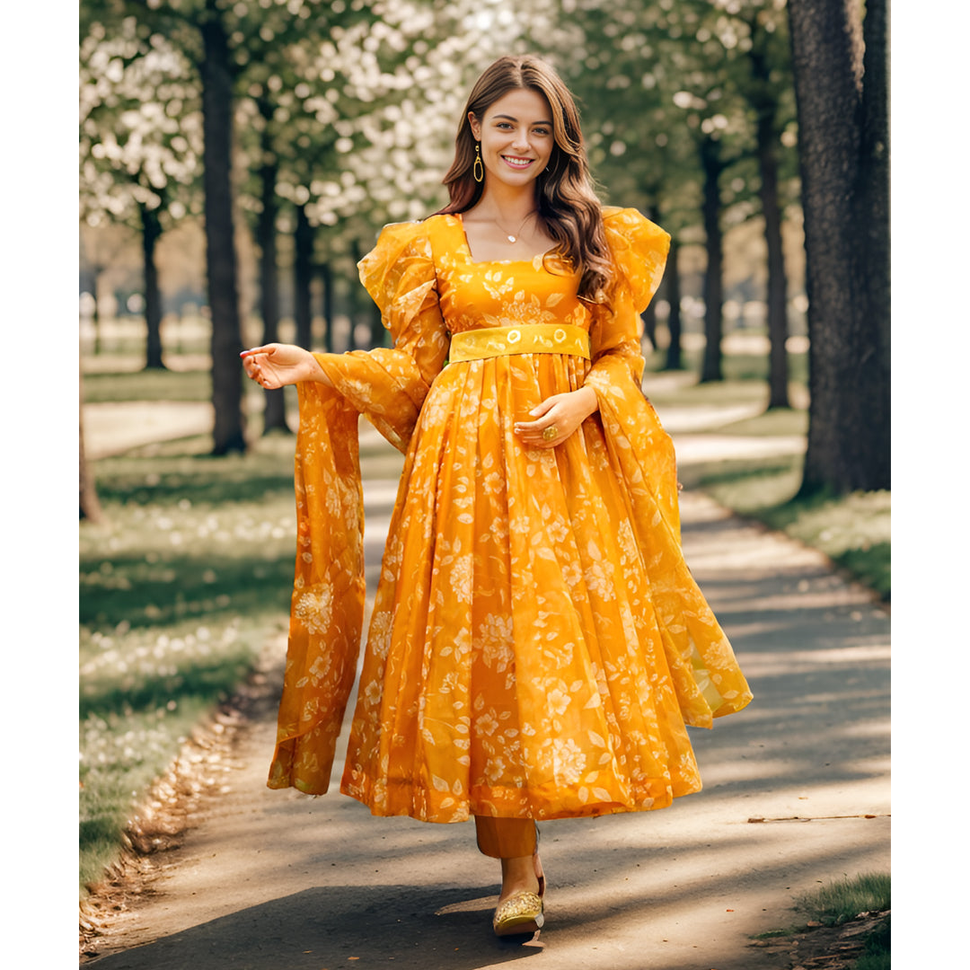 ORANGE MEADOW ORGANZA KURTI SET