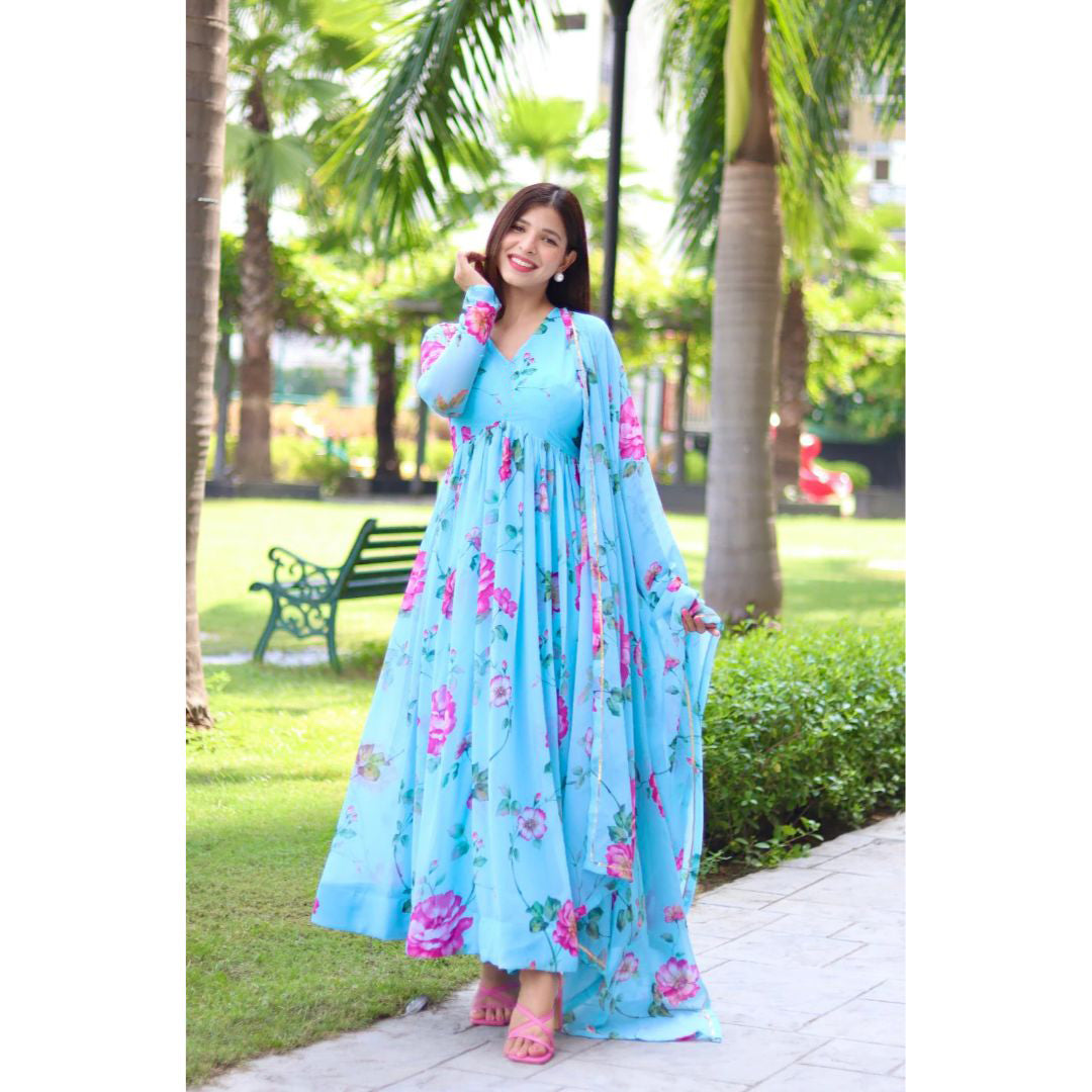Natural Sky Blue Colour Rayon Silk Kurti With Beautiful Aari